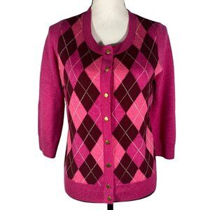 Talbots Womens Argyle Cardigan Sweater S Pink & Burgundy Merino Wool 3/4 Sleeve